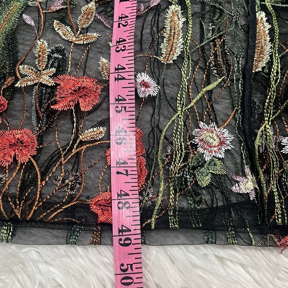 Black Sheer Embroidered Tulle Mesh Long Duster Floral Open Front Topper Vest - Picture 11 of 13